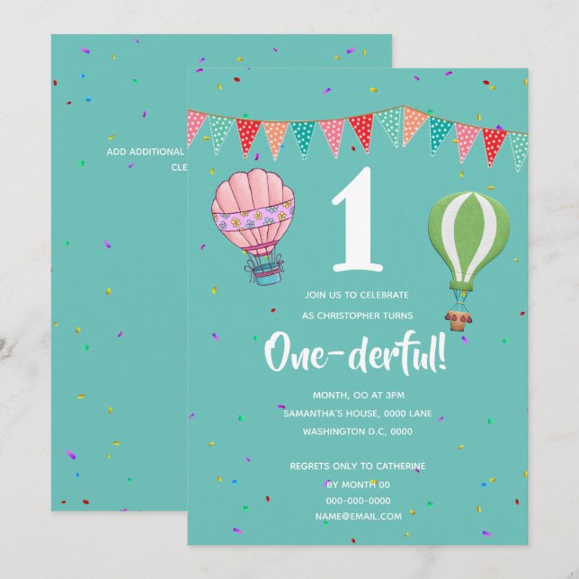 Hot air balloon bunting first birthday boy girl invitation (Front/Back)