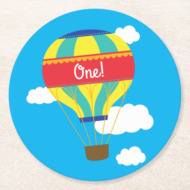 Hot Air Balloon Colourful Birthday Party Round Paper Coaster (Front)