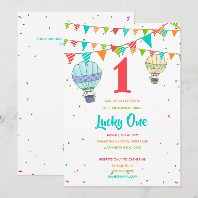 Hot air balloon colourful bunting first birthday invitation (Front/Back)