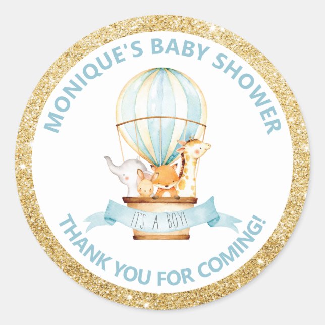 Hot Air Balloon Cute Animals Baby Shower Favors Classic Round Sticker (Front)