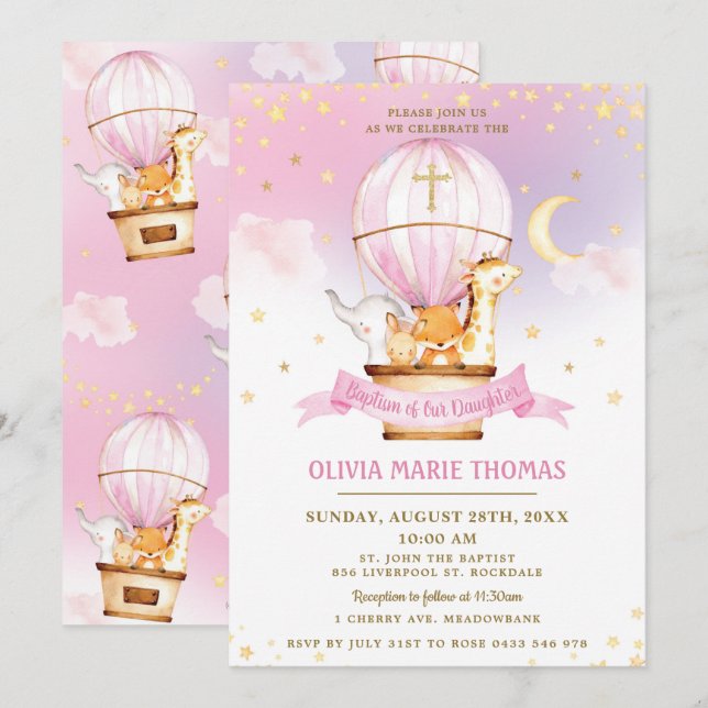 Hot Air Balloon Cute Animals Baptism Christening  Invitation (Front/Back)
