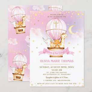 Hot Air Balloon Cute Animals Baptism Christening  Invitation
