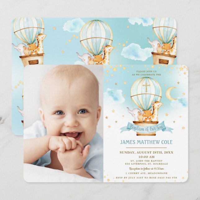 Hot Air Balloon Cute Animals Baptism Christening   Invitation (Front/Back)