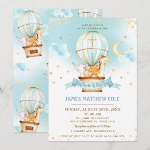 Hot Air Balloon Cute Animals Baptism Christening Invitation