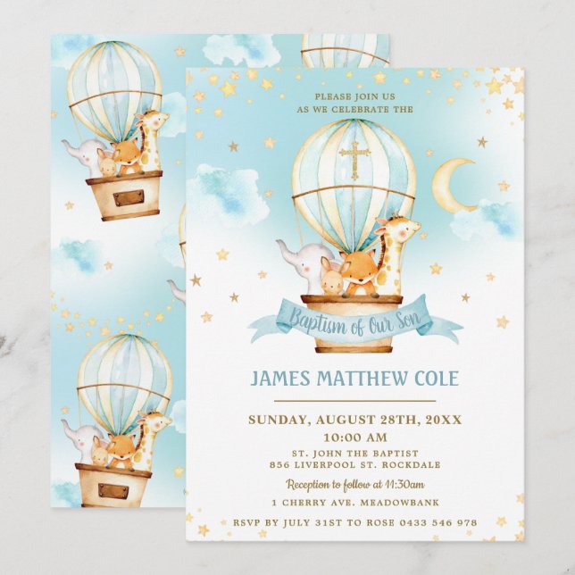 Hot Air Balloon Cute Animals Baptism Christening  Invitation (Front/Back)