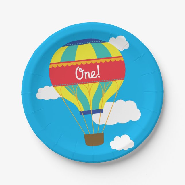 Hot Air Balloon Cute Colourful 1st Birthday Party Paper Plate (Front)