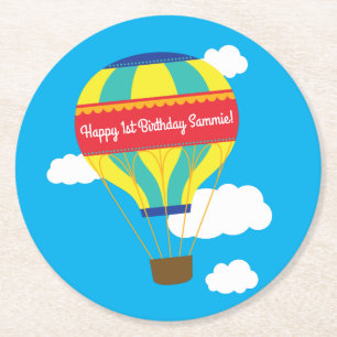Hot Air Balloon Cute Colourful 1st Birthday Party Round Paper Coaster