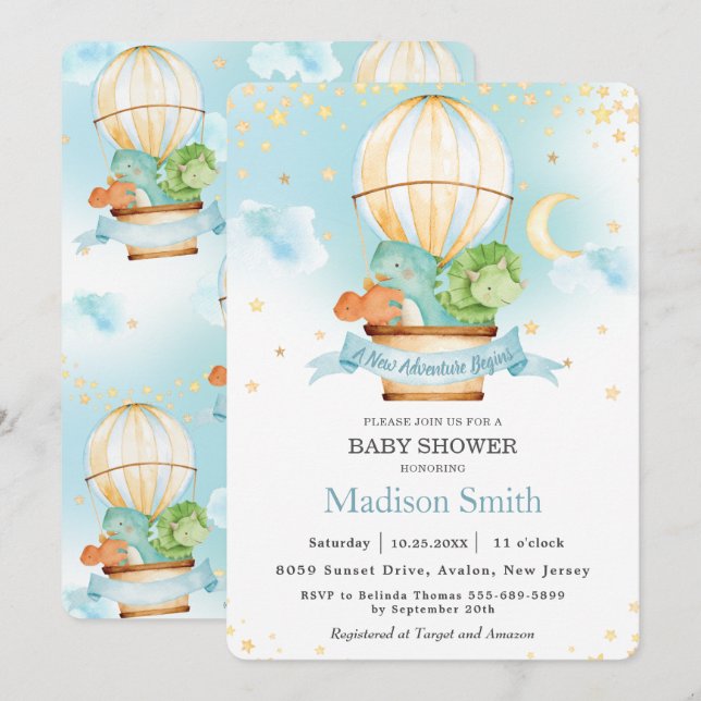 Hot Air Balloon Cute Dinosaurs Boy Baby Shower  Invitation (Front/Back)