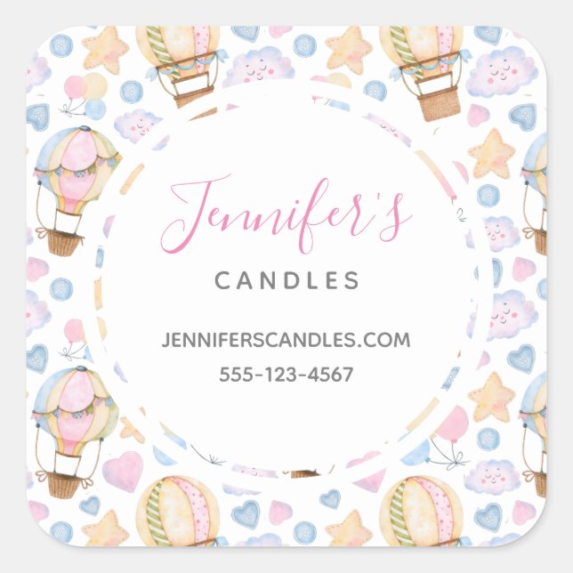 Hot Air Balloon Cute Watercolor Pattern Business Square Sticker (Front)