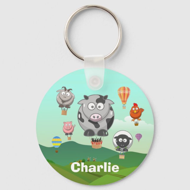 Hot Air Balloon Farm Animals Personalised Key Ring (Front)