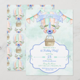 Hot Air Balloon First Birthday Blue Mint Peach Inv Invitation