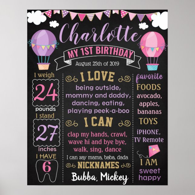 Hot Air Balloon First Birthday board Poster (Front)