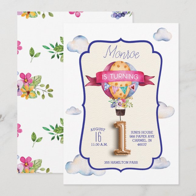 Hot Air Balloon First Birthday Party Invitations (Front/Back)