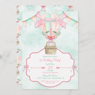 Hot Air Balloon First Birthday Pink Mint Peach Invitation