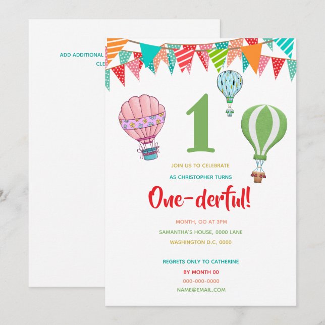 Hot air balloon flags first birthday boy girl invitation (Front/Back)