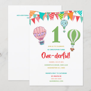 Hot air balloon flags first birthday boy girl invitation