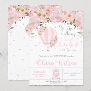 Hot Air Balloon Floral Baby Shower Girl Silver Invitation