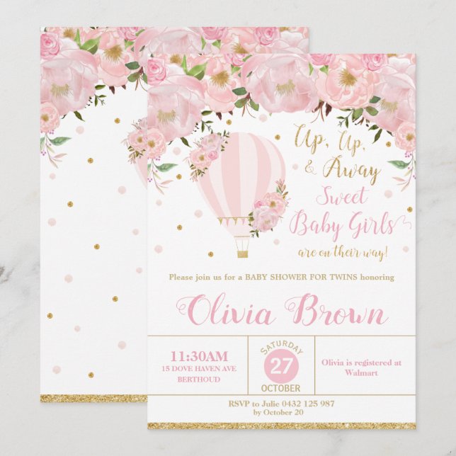 Hot Air Balloon Floral Baby Shower Twin Girls Invitation (Front/Back)