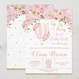 Hot Air Balloon Floral Baby Shower Twin Girls Invitation