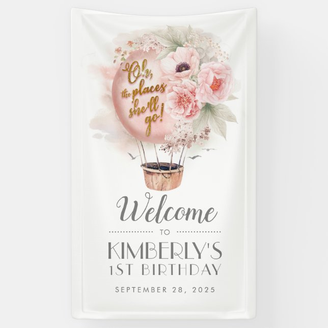 Hot Air Balloon Floral Birthday Party Welcome Banner (Vertical)