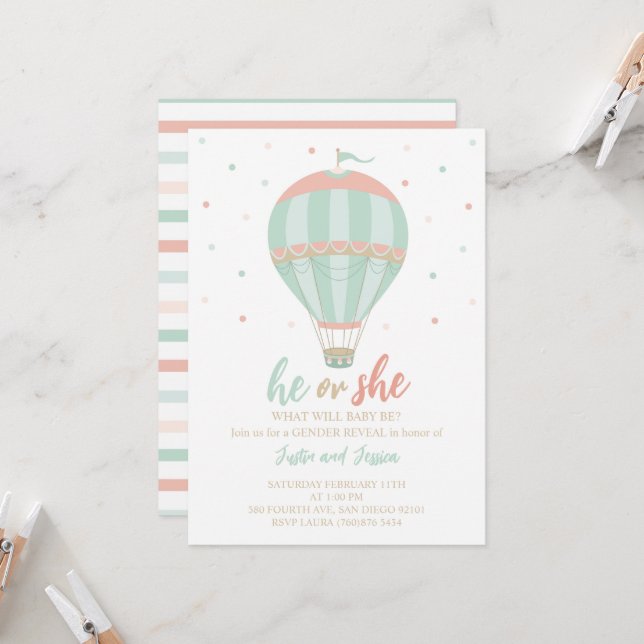 Hot air balloon Gender reveal invitation (Front/Back In Situ)