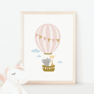 Hot Air Balloon Giraffe & Elephant Nursery Poster