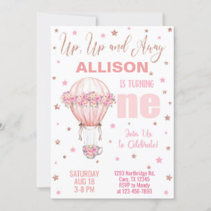 Hot air balloon girl 1st first birthday invite. invitation