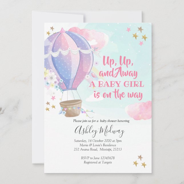 Hot Air Balloon Girl Baby Shower Invitation (Front)
