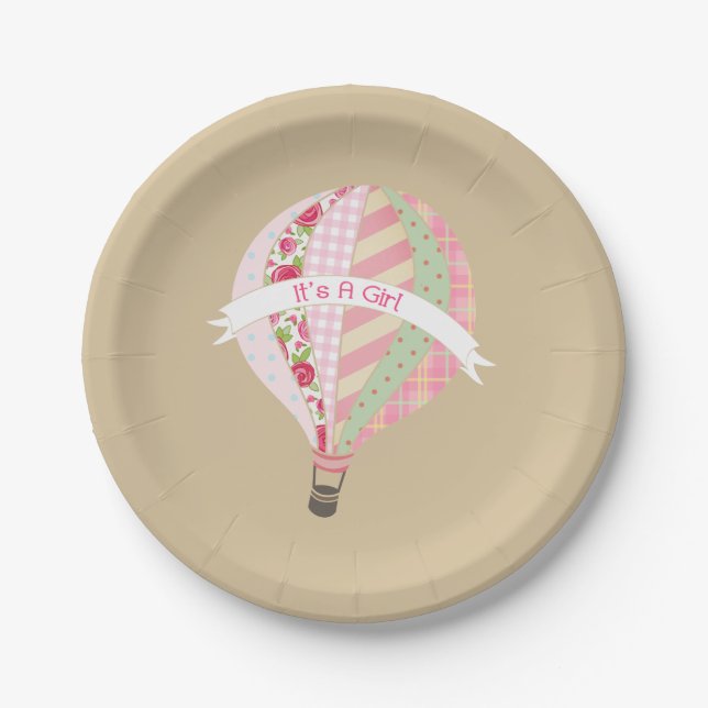 Hot Air Balloon Girl Baby Shower Paper Plate (Front)