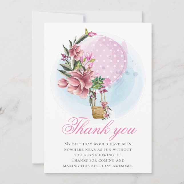 Hot Air Balloon Girl Birthday Thank you Card (Front)