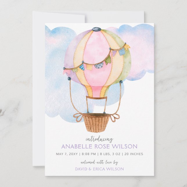Hot Air Balloon Girl Photo Birth Announcement (Front)