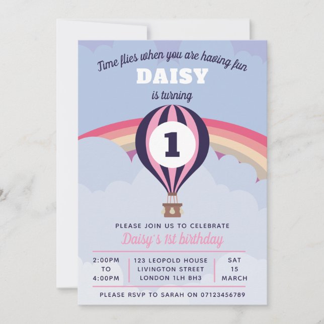 Hot Air Balloon Girls 1st birthday invitation (Front)