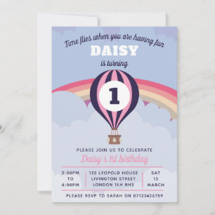 Hot Air Balloon Girls 1st birthday invitation