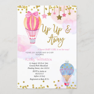 Hot Air Balloon Glitter Star Girl Baby Shower Invitation