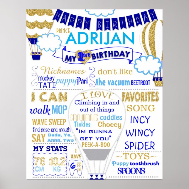 Hot air balloon gold and blue birthday sign poster (Front)