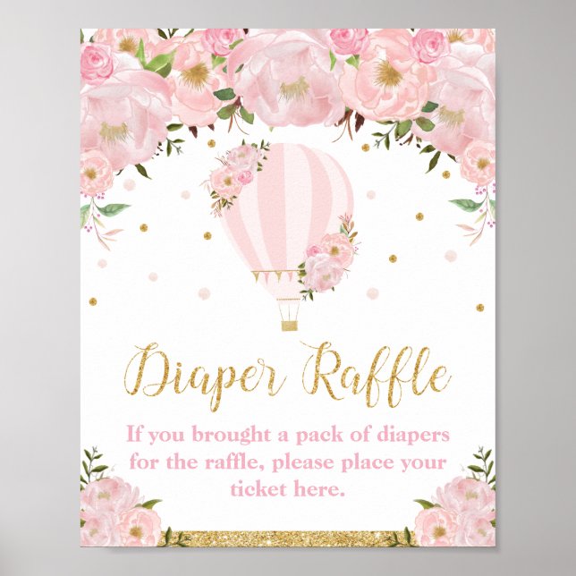 Hot Air Balloon Gold Pink Floral Diaper Raffle Poster (Front)
