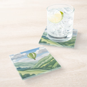 Hot Air Balloon Green Watercolor Landscape Glass Coaster