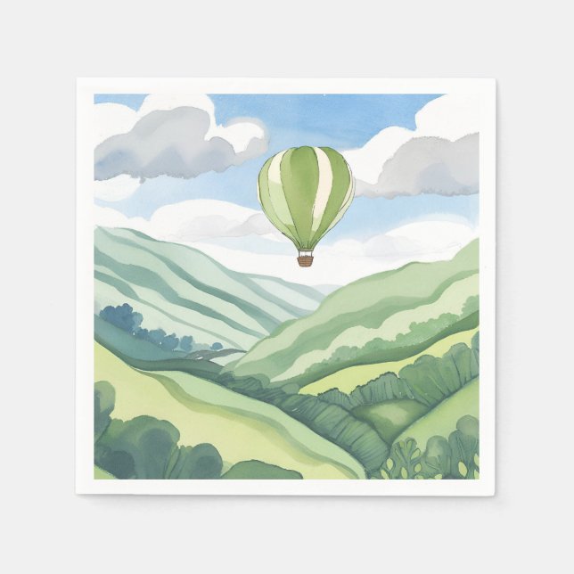 Hot Air Balloon | Green Watercolor Landscape Napkin (Front)