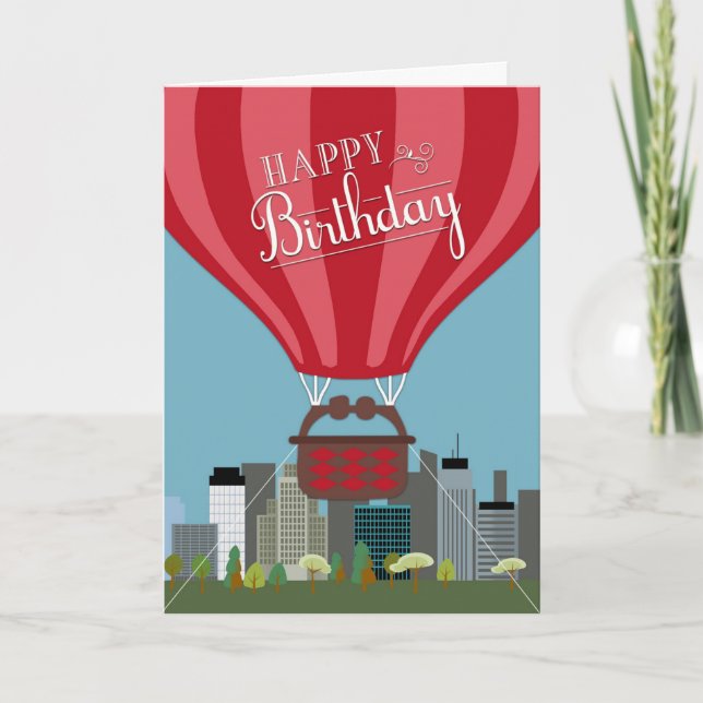 Hot Air Balloon in Front of Skyline Birthday Card (Front)
