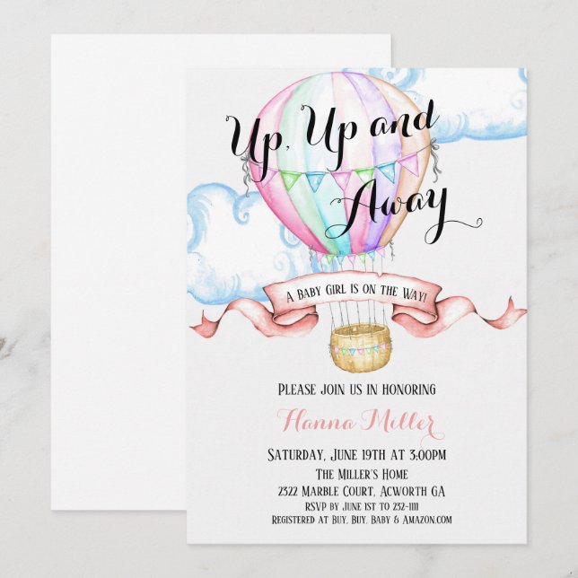 Hot Air Balloon Invitation Baby Girl Shower (Front/Back)
