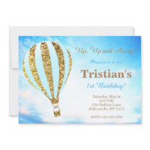 Hot air balloon invitation in blue and gold