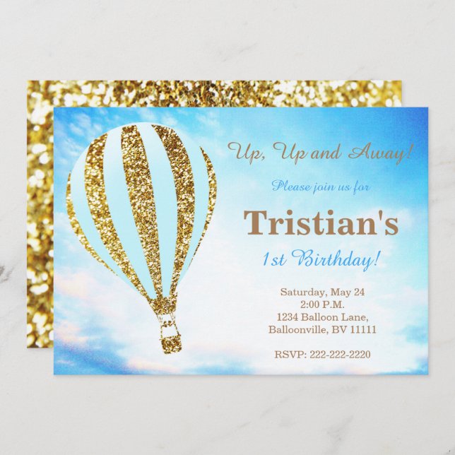 Hot air balloon invitation in blue and gold (Front/Back)