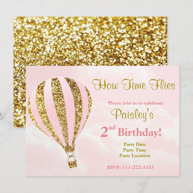 Hot air balloon invitation in pink and gold (Front/Back)