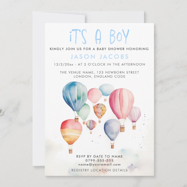 Hot Air Balloon It's a boy baby shower Invitation (Front)