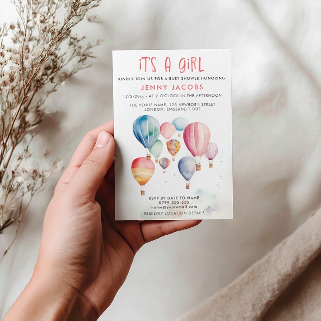 Hot Air Balloon It's a Girl baby shower Invitation (Hot air balloons its a girl baby shower invitation card)