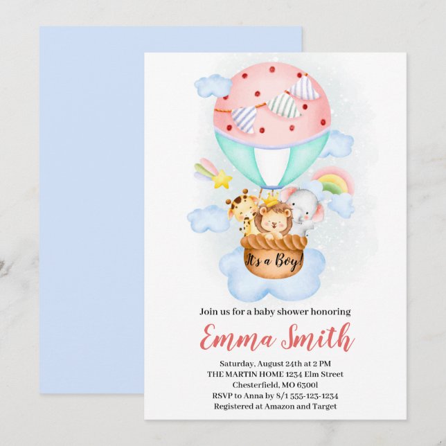 Hot Air Balloon Jungle Animals Baby Shower Invitat Invitation (Front/Back)