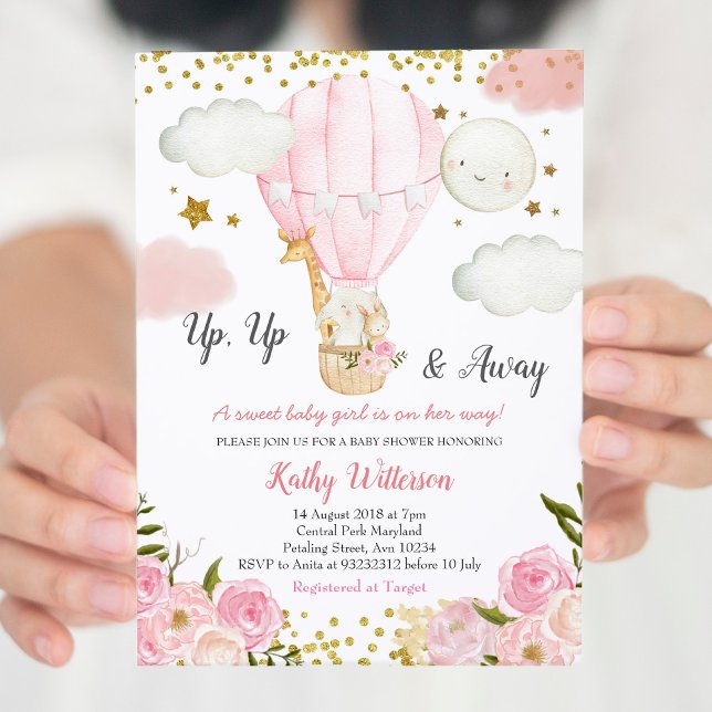 Hot Air Balloon jungle animals Girl Baby Shower Invitation (Creator Uploaded)