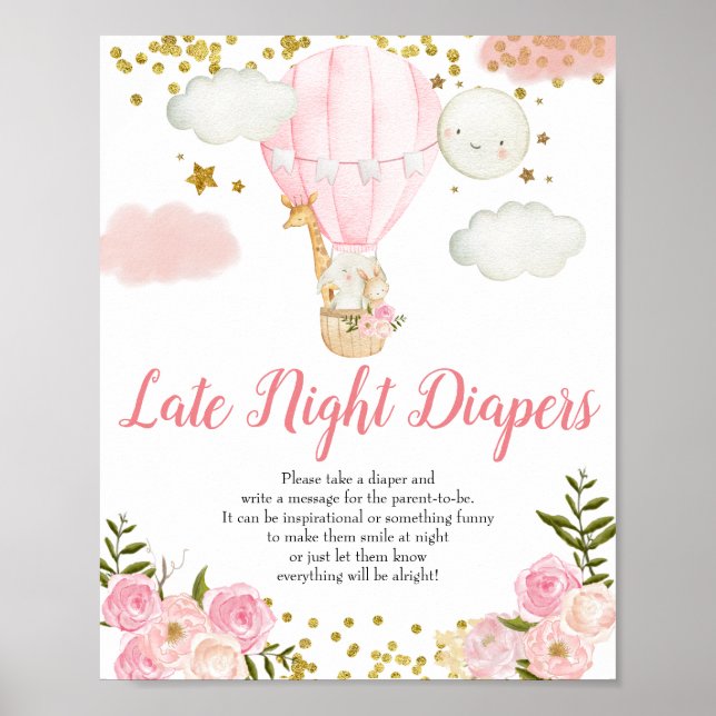 Hot air balloon Late Night Diapers Baby Shower Poster (Front)