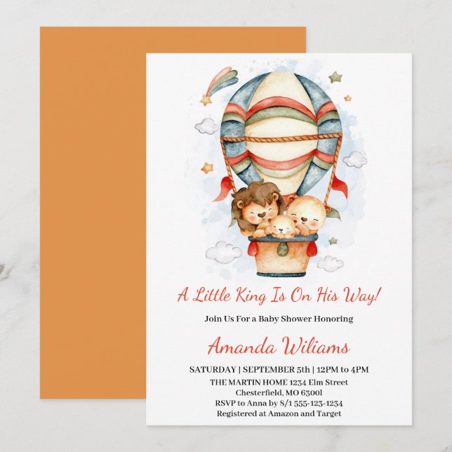 Hot Air Balloon Little King Lion Baby Shower Invitation (Front/Back)