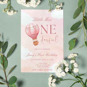 Hot Air Balloon Little Miss Onederful 1st Birthday Invitation